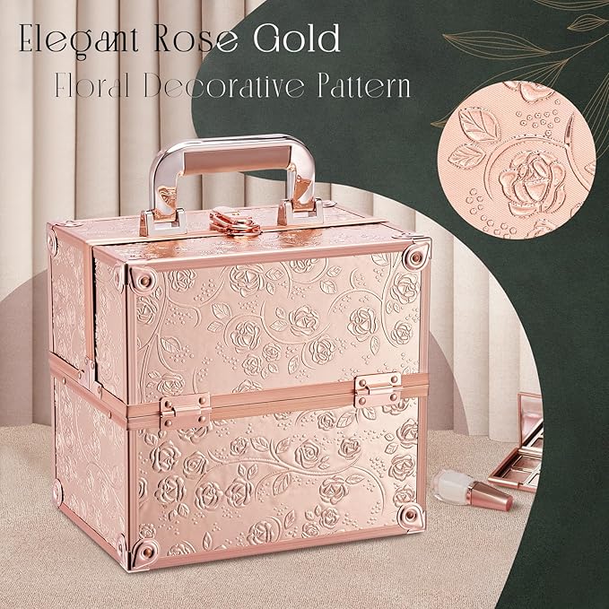 FRENESSA Makeup Train Case Cosmetic Box Portable Makeup Case Organizer 4 Trays Lock Travel Storage Organizer with Dividers Make Up Artist Vanity Hard Nail Spa Beauty Box Rose Gold Floral