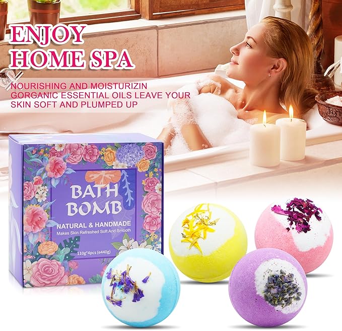 Bath Bombs for Women Relaxing-4 Natural and Organic Bath Bombs with Essential Oils & Moisturizing Shea Butter,Gifts for Her, Girls, Wife, Birthday and Christmas