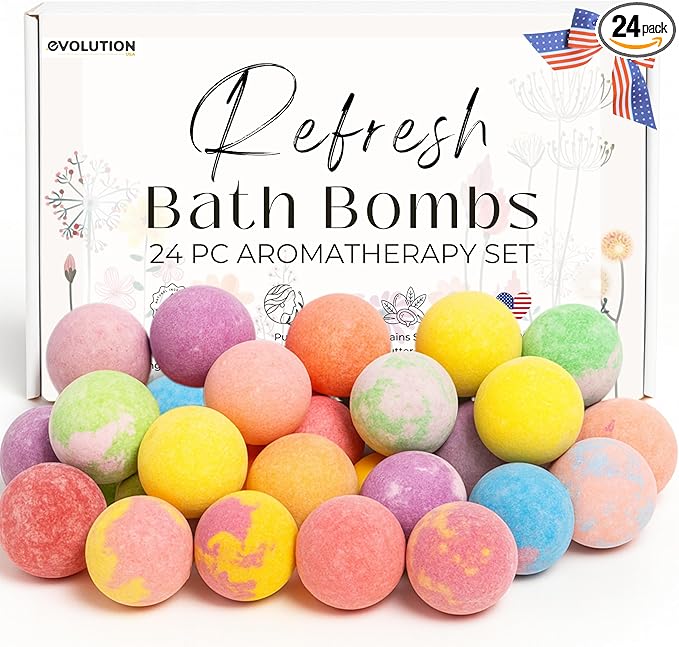 EvolutionUSA 24 Refresh Bath Bombs for Women & Kids – Lush Bath Bombs Mini Sized, Organic Bathbomb Set, Women & Kids Bath Fizz, Luxury Gift for Mother’s Day, Easter, Valentines, Birthday or Self Care