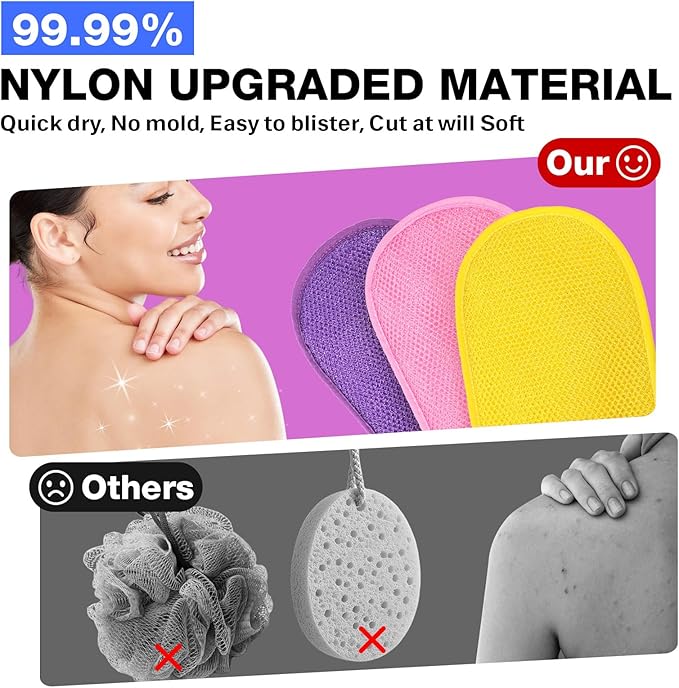African Net Sponge Exfoliating Gloves, 3-Pack Bath Mitts for Deep Cleaning & Dead Skin Removal, Assorted Colors (Pink, Yellow, Purple)