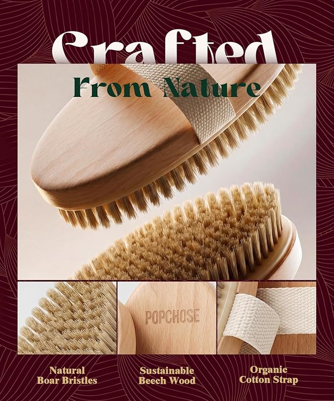 POPCHOSE Dry Brushing Body Brush, Natural Bristle Dry Skin Exfoliating Brush Body Scrub for Flawless Skin, Cellulite Reduction, Lymphatic Drainage and Blood Circulation Improvement