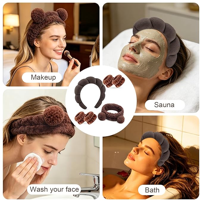 Zkptops 6Pcs Spa Headband for Washing Face Wristband Set Sponge Makeup Skincare Terry Cloth Headband Bubble Soft Bear Ears Hairband Women Puffy Padded Headwear Non Slip Hair Accessory(Dark Brown)
