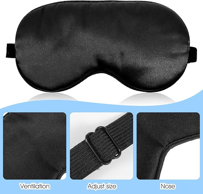 3 Pcs Sleep Mask, Silk Blackout Eye Mask Cover with Adjustable Strap, Satin Night Blindfold Eyeshade Nap for Men and Women Travel Sleeping (Black, Blue, Green)