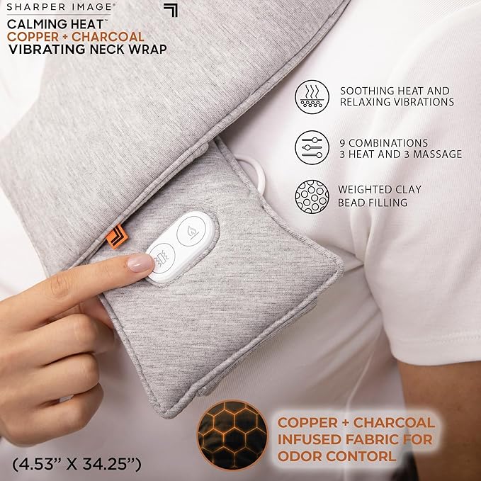 Calming Heat Neck Wrap by Sharper Image | Weighted Copper & Charcoal, Heating Pad, Auto Shut-Off Feature, Gift for Holidays, Women & Men | 3 Heat & 3 Vibrating Massage Settings