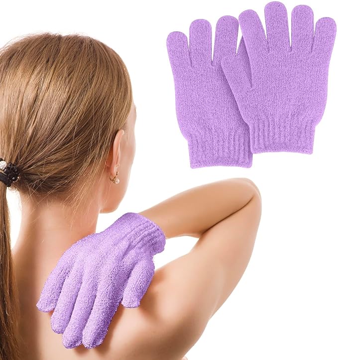 MOLOPPO 2 PCS Exfoliating Glove, Scrub Gloves Exfoliating, loofah, Body Exfoliator, Bath Gloves（Purple Red）