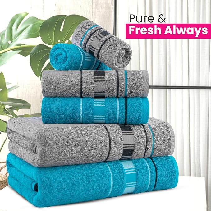 CASA COPENHAGEN X Line 6Pcs 100% Egyptian Cotton Large Designer Towels Gift Set- Grey - Teal, 600 GSM, 2Bath 2Hand 2Washcloths, Bath Towels for Bathroom Set for Women & Men