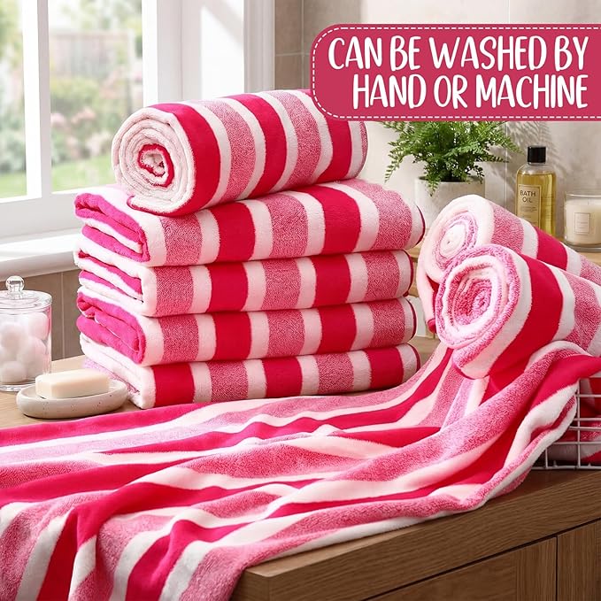 SmoothNovelty 16 Pack Microfiber Bath Towels Bulk 27'' x 60'' Oversized Size Bath Towel Highly Absorbent Extra Large Soft Drying for Beach Shower Summer Salon Sport Gym Party (Wide Stripes,Pink)