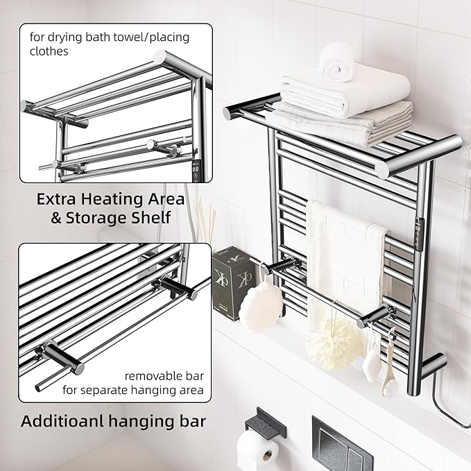 P&Dlusir Heated Towel Warmer with Top Shelf, Heated Towel Rack for Bathroom, H 19.69" x W 19.69", Wall Mounted Towel Warmer Rack, Hard-Wired/Plug-in, Polished