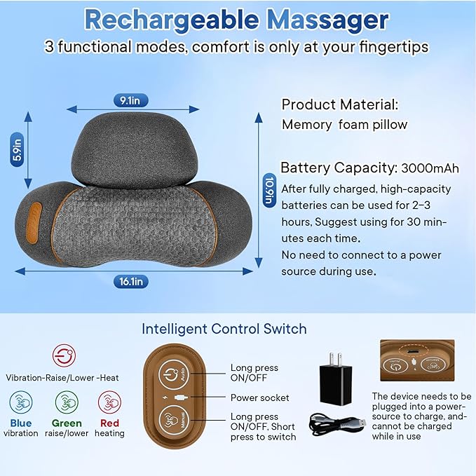 Mothers Day Gifts for Mom 3-in-1Rechargeable Neck Massager Pillow with Heat, Vibration & Traction, Deep Tissue Pain Relief, Neck Hump Corrector & Cervical Support for Home Office Travel