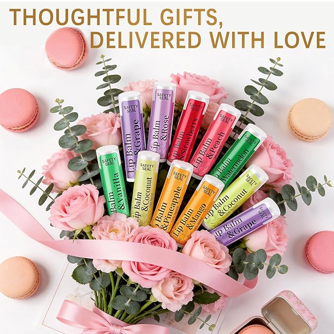 RBUGR 84 Pack Lip Balms - 12 Flavors Natural Organic Vitamin E Moisturising Balm for Dry Cracked Lips, Bulk Gifts for Valentines, Stocking Stuffers & Party Favors (4.2g/0.15oz)