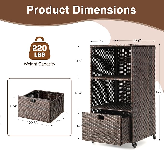 HOMREST Outdoor Pool Towel Rack with Storage Cabinet, Waterproof PE Rattan Wicker Poolside Towel Organizer with Shelves & Drawer, Rolling Wheels Towel Valet Caddy for Patio, Hot Tub, Spa,Brown