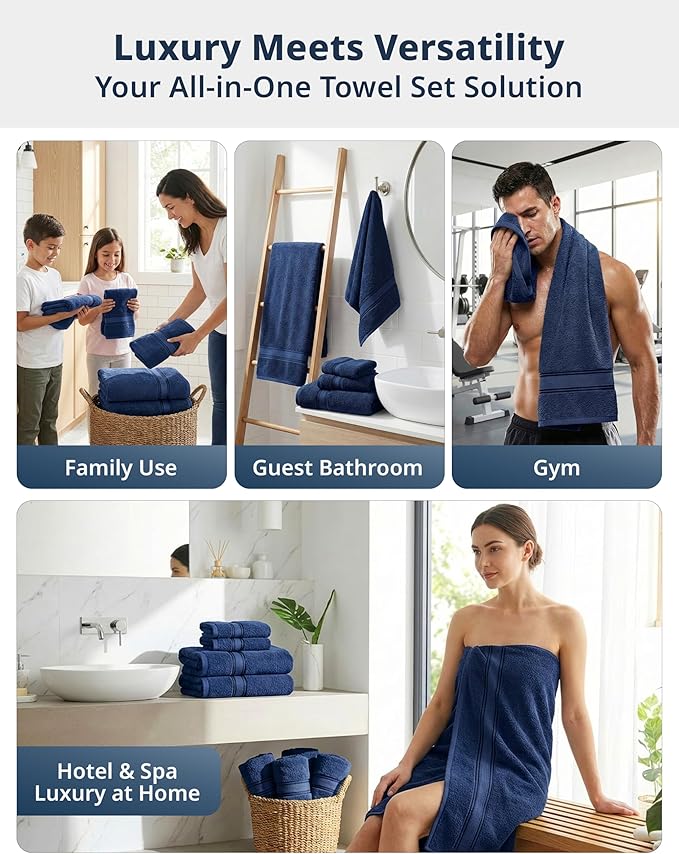 LANE LINEN 100% Mercerized Cotton Bath Towel Set of 18 – Zero Twist Shower Towels, 6 Bath, 6 Hand Towel & 6 Washcloths, Quick-Dry, Luxuriously Soft & Durable, Perfect for Everyday use – Navy