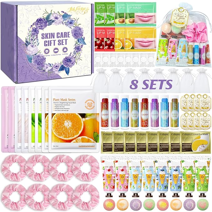 80PCS Spa Party Favors, Include Face Masks, Lip Balm, Hand Cream, Under Eye Patches, Lip Mask, Foot Bath Bombs, Hair Bands,Sleepover Spa Party Supplies,Birthday Kit for Women Girls Gift Skincare Set