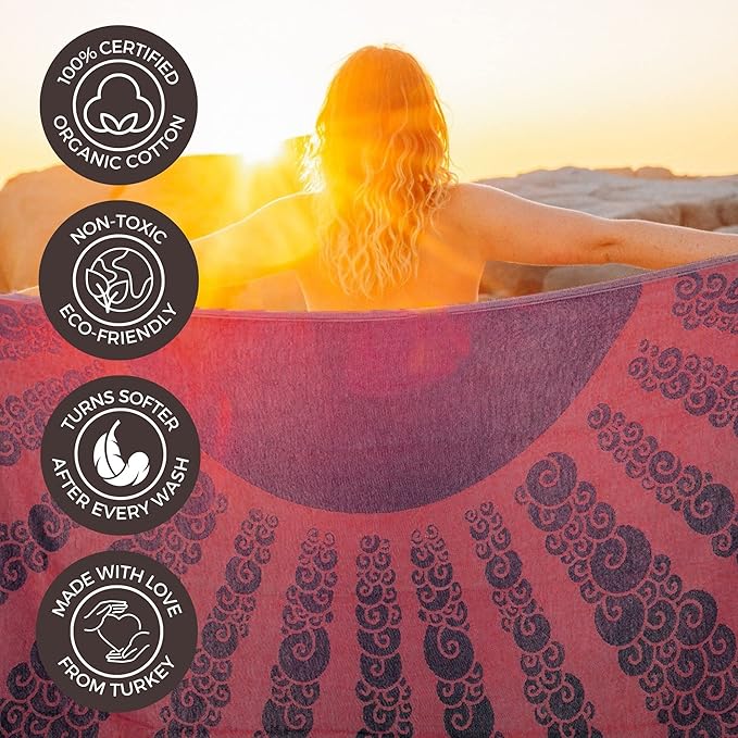 FESHKA Sand Free Turkish Beach Towel (37 x 67) Quick Dry Bath Towel, Oversized Beach Blanket, Lightweight for Travel - Made with 100% Organic Turkish Cotton - Golden Hour (Maroon/Dark Navy)