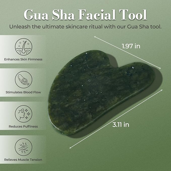 Gua Sha Facial Tools - Natural Jade Stone Guasha Tool for Face & Body,Massage Stick for Jawline Sculpting, Puffiness Reducing, Skin Care Gift, Anti-Aging Beauty Tool (Green Stone)