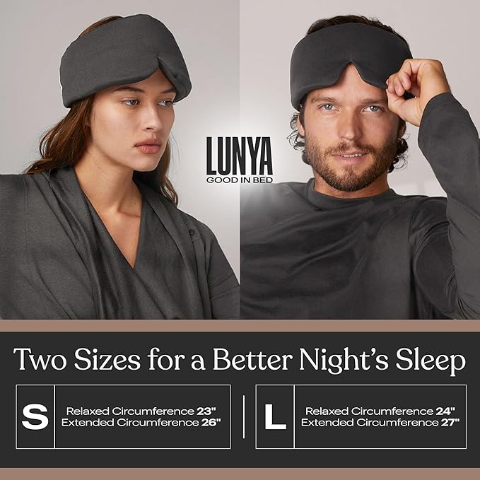 Lunya Washable Silk Sleeping Mask - Thermoregulating Mulberry Silk, Light Blocking and Comfortable Fit – Sleep Mask for Women and Men with Box - Meditative Grey - Small
