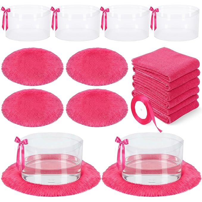 HunnmingRe 18 Pcs Foot Spa Kit for Spa Sleepover Party Supplies with 6 Foldable Foot Soaking & 6 Towels & 6 Floor Mats Matching Ribbon for Women Gift (Rose Red)