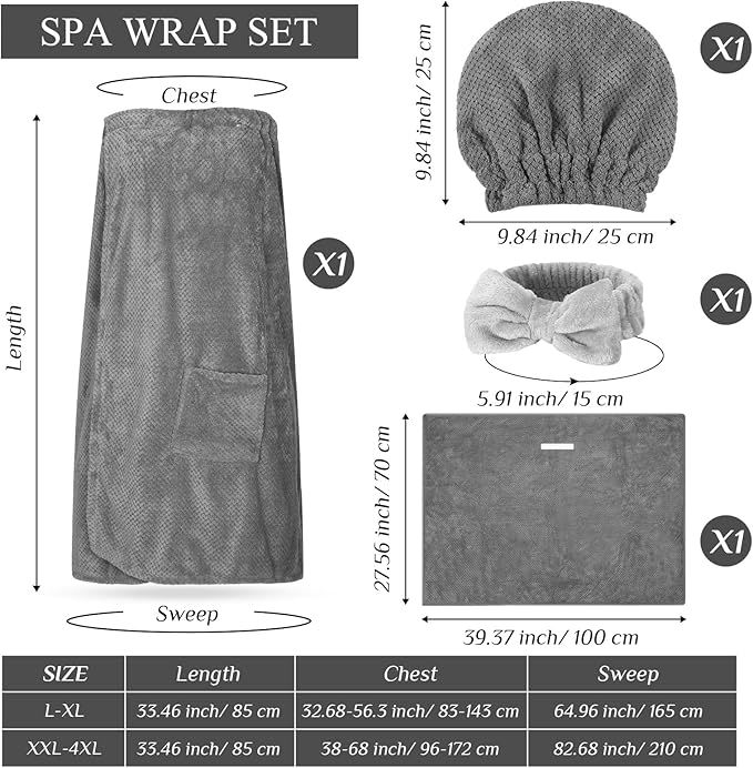 Tigeen Plus Size Towel Wrap for Women Spa Robe Set with Shower Hair Drying Turban Cap Towel Headband Adjustable Bathrobe