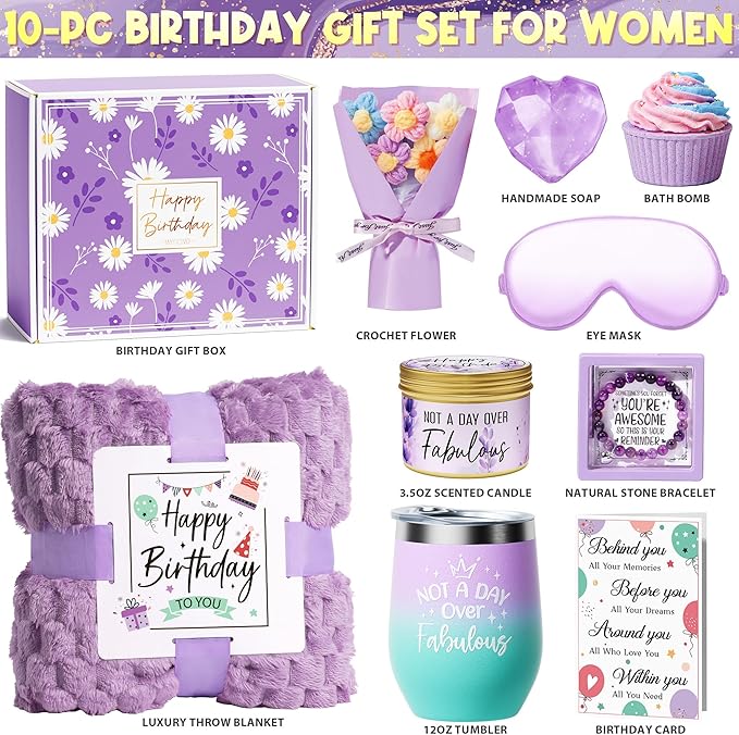 Birthday Gifts for Women Friendship, Unique Happy Birthday Gifts Basket for Mom Her Best Friend Sister Wife Girlfriend Coworker Teacher, Luxury Self Care Box Lavender Relaxing Spa Gifts Set w/Blanket