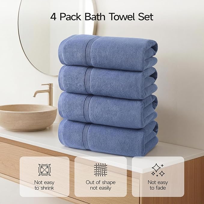 ecolook Bath Towels Set of 4,100% Cotton,27 x 55 Inches,Quick-Drying & Absorbent,Soft,Lightweight Towels for Bathroom,Shower,Spa, Gym & Hotel,Dark Blue