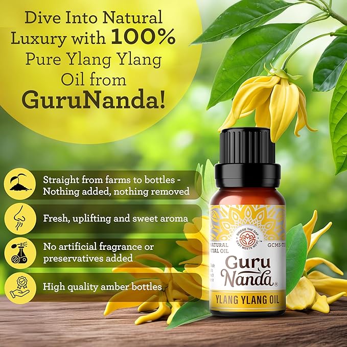 GuruNanda Ylang Ylang Essential Oil (10 ml) - 100% Pure, Natural and Undiluted Diffuser Oil for Aromatherapy, Massages & DIY Recipes