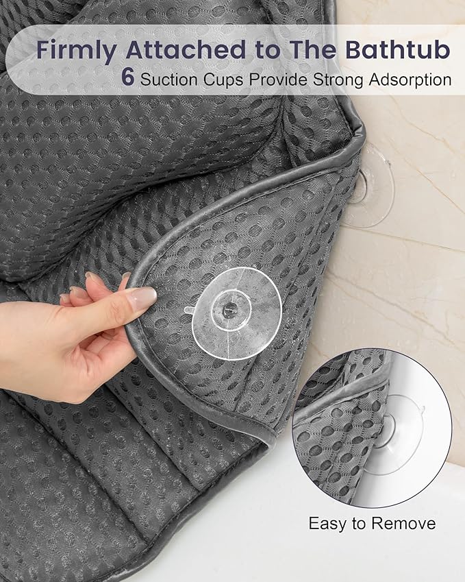 MTDLYICE Bath Pillow, Bath Pillows for Tub Neck and Back Support, Soft 4D Air Mesh Bathtub Pillow 16.5 x 17.3 INCH, with 6 Powerful Suction Cups, Bath Accessories Relaxing Gifts for Women (Grey)