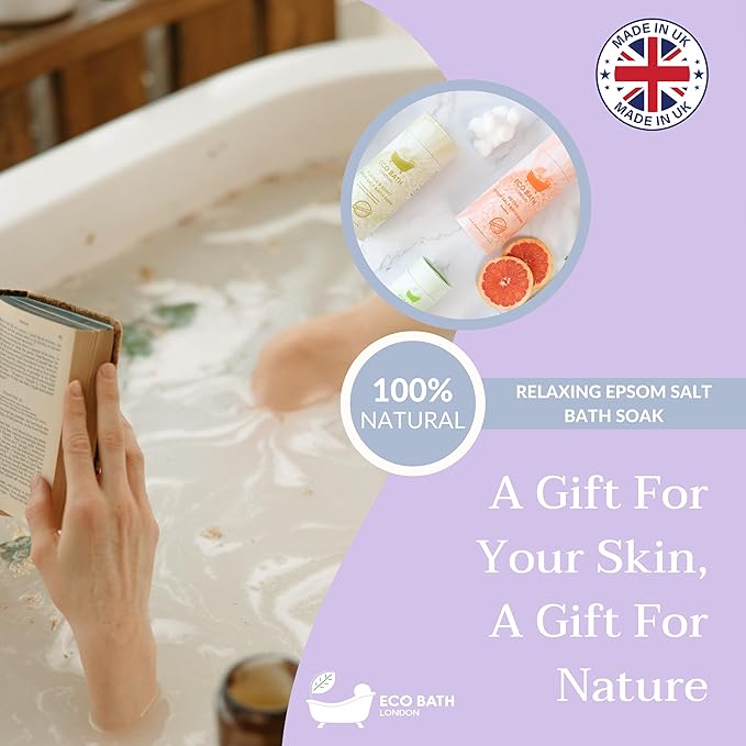 Eco Bath London Relaxing Lavender Epsom Salt Bath Soak – Tube 2.2 LB (1kg) | Made in UK | Magnesium Bath Salt with Lavender Essential Oil | Epsom Salts for Relaxation