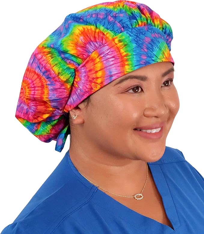 Sparkling EARTH Banded Bouffant Surgical Scrub Ponytail Working Caps and Built-in Sweatband - 100% Cotton - Made in The USA