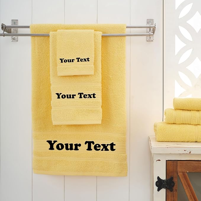 Personalize Your Towels with Custom Embroidery: Names, Monograms, and Initials. Perfect For Kids, Adults, Pool, Travel, Gifts, 3-Piece Towel Set; 1 Bath Towel, 1 Hand Towel, and 1 Wash Cloth - Yellow