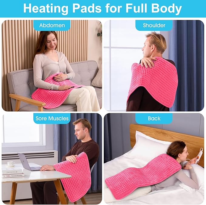 Boileau Electric Heating Pad for Back Pain and Period Cramps Relief, 17"x33" Extra Large XXXL, 3 Heating Levels Heat Pad with 2-Hour Auto Shut Off, Gifts for Women and Mom, Pink
