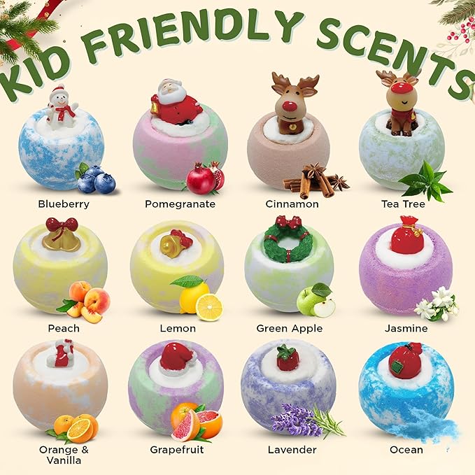 EvolutionUSA 12 Christmas Bath Bombs for Kids - Holiday Bath Bombs with Surprise Inside, Perfect Christmas Stocking Stuffers or Festive Holiday Bathombs Set, Natural & Hypoallergenic Bath Ball Set