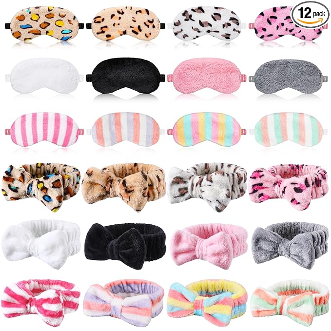 Xuhal 24 Pcs Spa Sleepover Party Favors Supplies Plush Headband and Eye Mask for Women Soft Makeup Washing Face Sleep Hair Bands for Girl Gift Birthday Stuff(Spotted, Stripes and Solid)