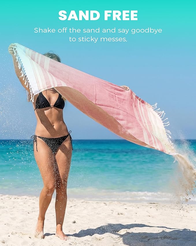 2 Packs Cotton Turkish Beach Towels Quick Dry Sand Free Soft Absorbent Extra Large Xl Big Blanket Adult Oversized Bath Pool Swim Towel Thin Lightweight Sandless Fast Drying Compact No Sand Packable