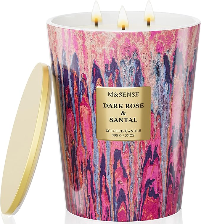 M&SENSE 3-Wick Dark Rose Large Soy Scented Candle, 35oz 150H Non-Toxic Luxury Floral Aroma, Spring Decor Candle, Romantic Perfect Present for Mom Her