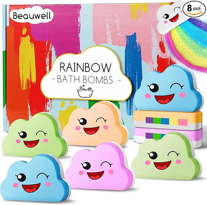 Rainbow Bath Bombs for Kids, Handmade 8 Pcs Kid Bath Bombs Gift Set, Easter Basket Stuffers Easter Gifts for Kids Teens Girls Toddler Rainbow Bubble Fizzy