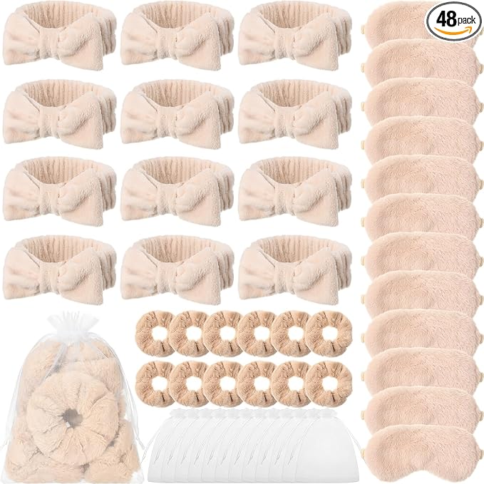 Mimorou 48 Pieces Spa Party Supplies Gift for Mother's Day 12 Spa Headband 12 Plush Sleep Eye Mask 12 Velvet Scrunchies 12 Organza Bags for Sleepover Slumber Party Graduation Gift(Beige)