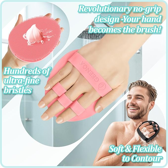 New Silicone Body Scrubber 4PCS, 360° Anti-Slip & Enlarged Exfoliating Bath Glove for Rich Foaming Deep Cleaning, Revolutionary No-Grip & Hand-fit Shower Scrubber for All Skin Types.(4-Color)