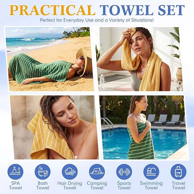 6 Pcs Large Bath Towels Set 28x55 Inch Soft Cotton Towels for Bathroom Striped Towel Set Highly Absorbent & Quick Dry Towel for Spa Gym 2 Bath, 2 Hand, 2 Washcloth (Blue, Yellow)