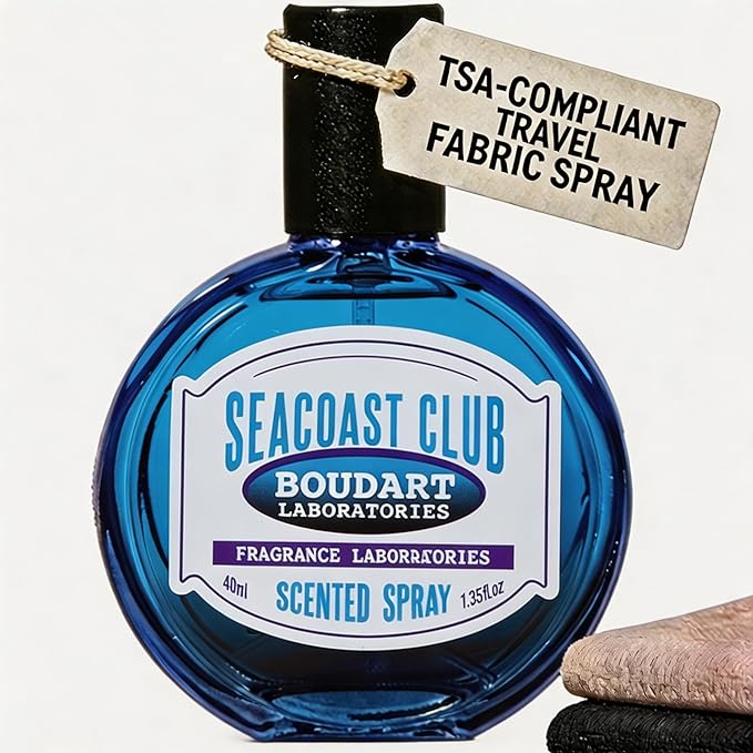 Travel Fabric Refresher Spray – Odor Eliminator & Wrinkle Release, TSA Approved 40ml for Gym Hotel Office Clothes Sofa Curtains, Seacoast Club Scent – Boudart Labs