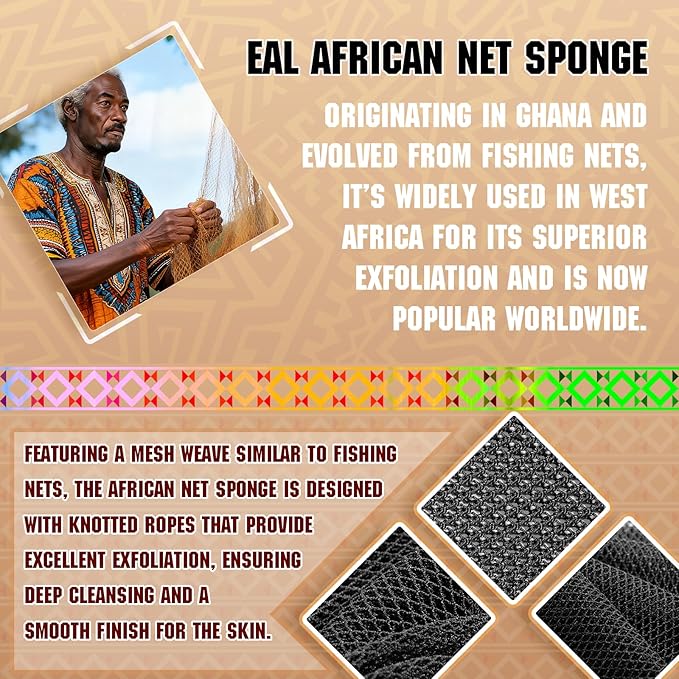 Authentic African Net Sponge - 2 Pieces Deep Clean Exfoliator - Premium Fabric, Gentle Exfoliation for Body & Shower Use (Purple & Black)