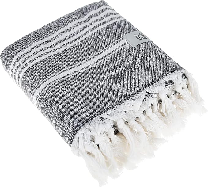Beach Towel | Cotton Beach Towels, Easy to Carry, Sand Free, Highly Absorbent, Quick Dry, Turkish Towels for Travel Camping Bath Sauna Beach Gym Fitness Pool Yoga SPA by Lahammam, Asena, Black