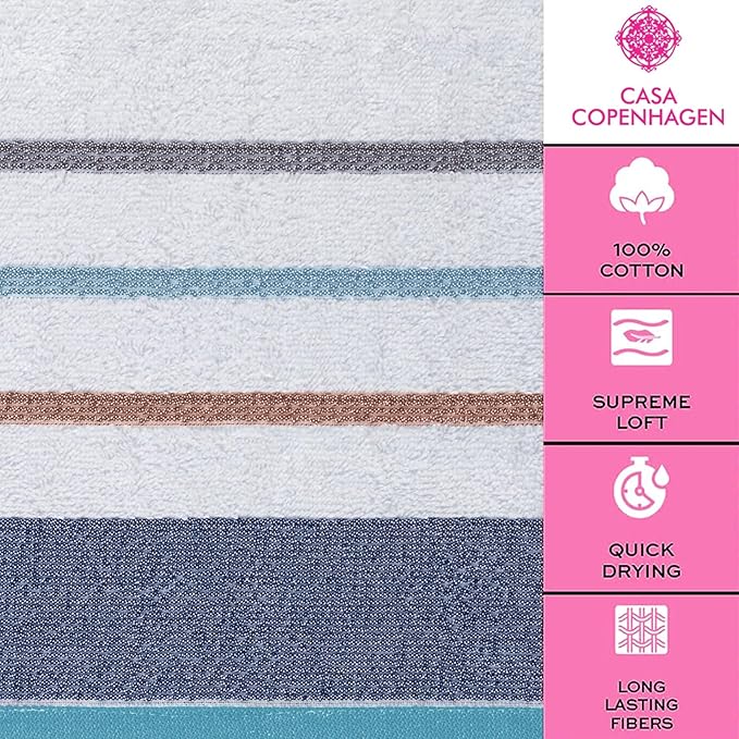 CASA COPENHAGEN White Bay 4Pcs 100% Egyptian Cotton Designer Hand Towels Gift Set- Grey - Denim 600 GSM, 28"x16", 4Hand Towels for Bathroom Set for Women & Men