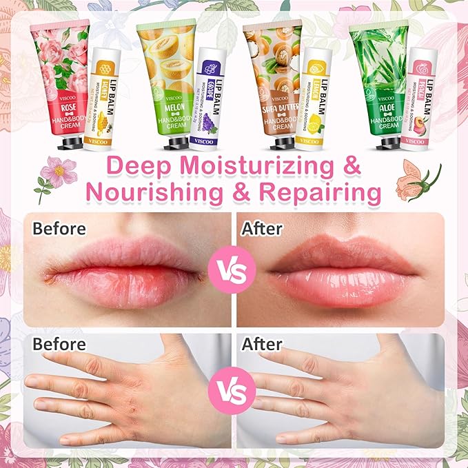 VISCOO 16 Pack Bulk Lip Balm and Hand Cream Set, Mothers Day Gifts, Teacher Appreciation Gifts, Nurses Week Gift, Thank You Bridal Wedding Favors for Guests, Small Gift for Women Birthday