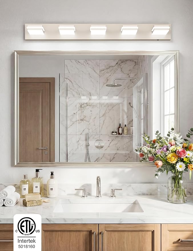 VOLISUN Modern Bathroom Vanity Light Fixtures (5-Light, 40-Inch), Brushed Nickel LED Bathroom Light Fixtures Over Mirror, 360°Rotatable Head, LED Vanity Lights for Bathroom (Cool White 6000K)