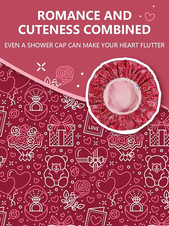 Years calm Terry Lined Shower Cap, Triple Layer Heart Motifs,Waterproof Reusable Elastic,Hair Shower Cap for Women,Terry Cloth Shower Caps for Spa,Clean,Trave (Red, One Size)