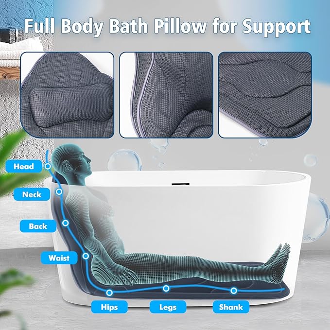 Poemland Full Body Bath Pillow for Tub-Extra Thick Bathtub Pillow with Head & Neck Support, Soft Tub Pillow for Comfort, Non-Slip Bath Cushion for Women, Men & Seniors, Luxury Bathroom Accessories