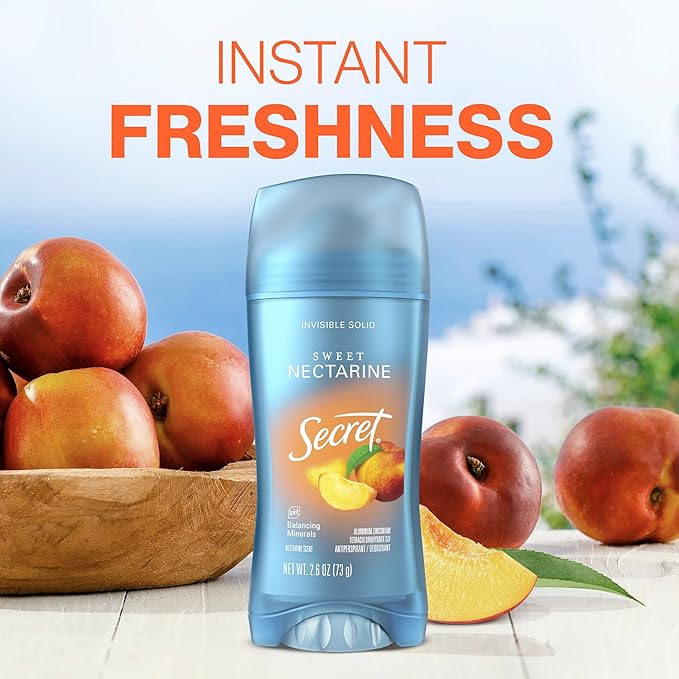 Secret Fresh Antiperspirant Deodorant for Women, 72hr Breathable Sweat & Odor Protection, Instant Freshness & Gentle, PH Balancing Minerals, Invisible Solid, Sweet Nectarine Scent, 2.6 oz