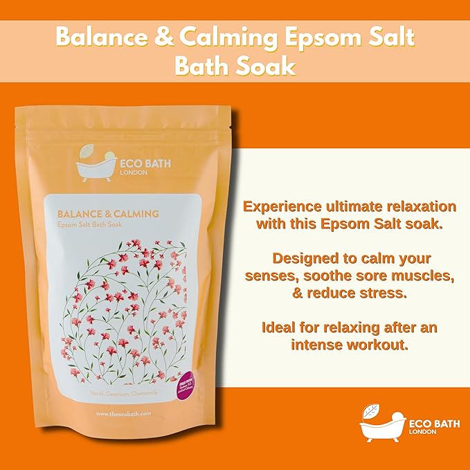 Eco Bath London Balance and Calming Epsom Salt Bath Soak – Pouch 2.2 LB (1kg) | Made in UK | Magnesium Bath Salt with Neroli, Geranium and Chamomile