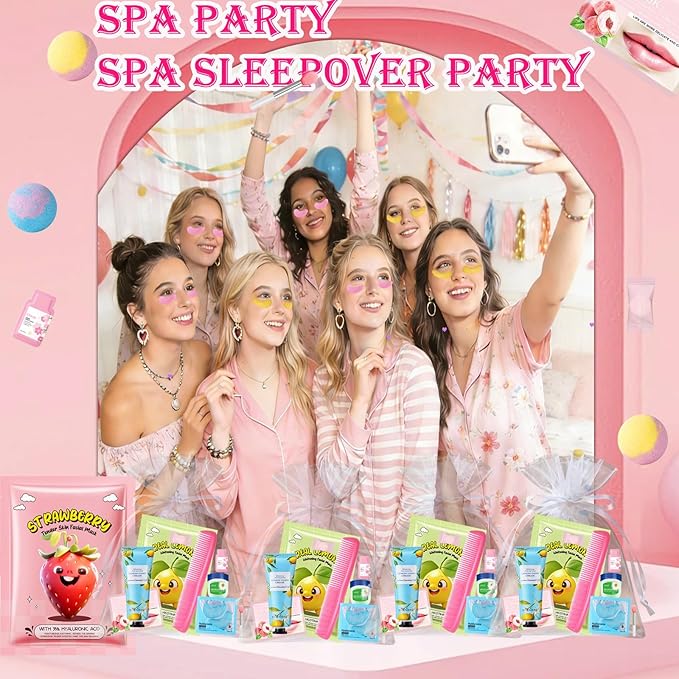 144 PCS Spa Party Supplies for Women, Spa Party Favors Include Face Masks Skincare,Hand Cream,Lip Mask,Comb and Foot Bath Bombs,Spa Birthday Sleepover Party Supplies for Women