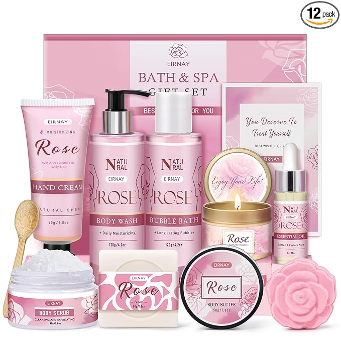 Gifts for Women, 12 PCS Birthday Gifts for Women Rose Relaxing Spa Basket Self Care Package for Her Mom Sister Wife Friend Unique Mothers Day Valentine Gift Ideal